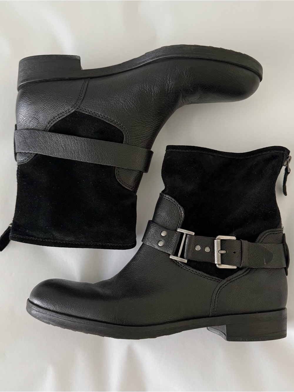 Franco Sarto Black Leather Suede Buckle Harness Moto Biker Boots Womens 9.5